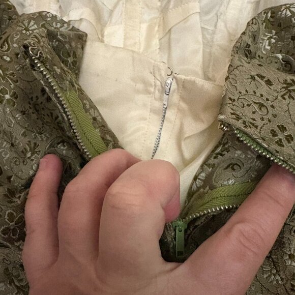Vintage 1950s Strapless Brocade Party Dress XS Olive Paisley Cupcake Gown Prom - Picture 7 of 12
